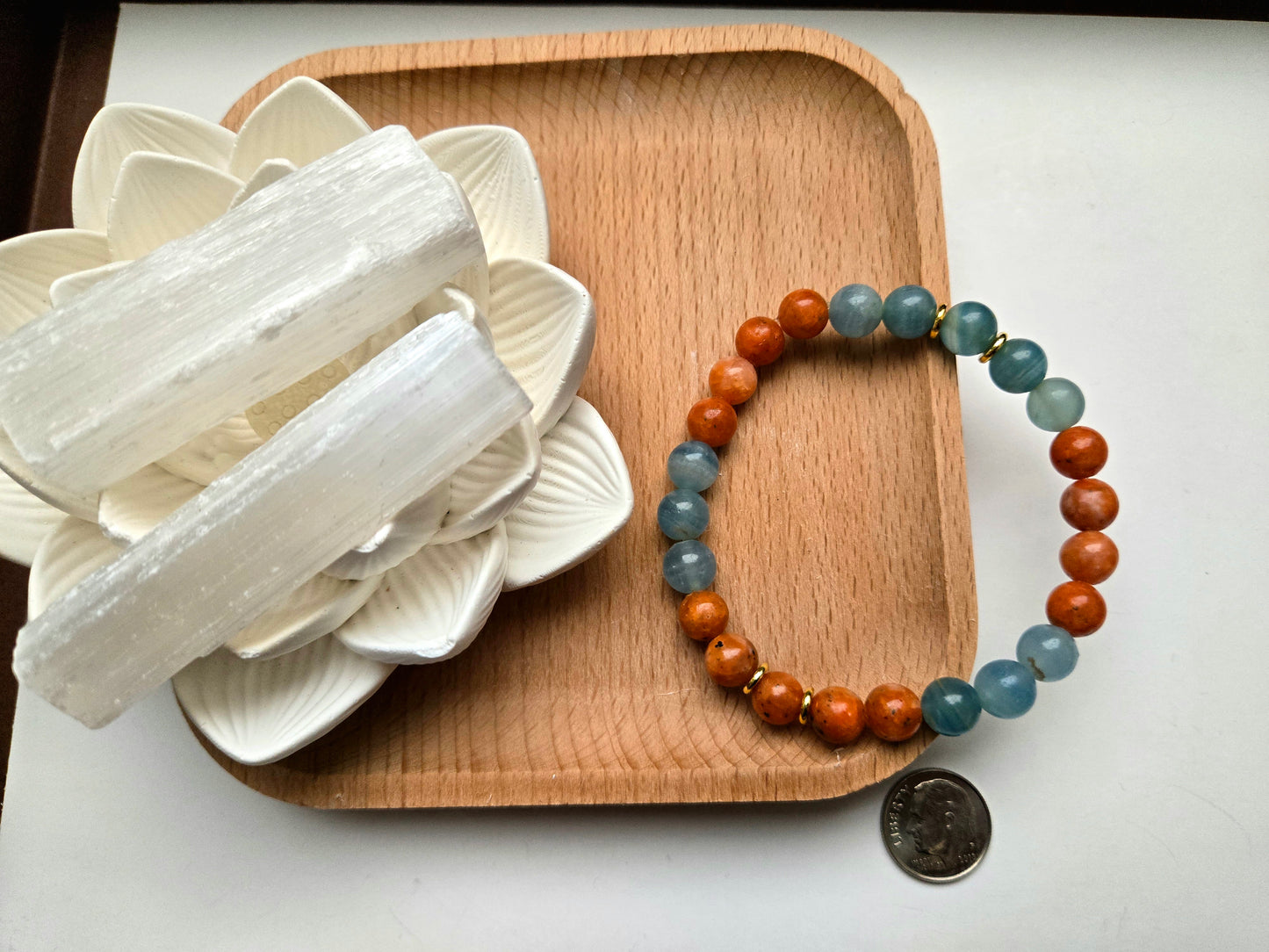 Fiery Orange Calcite & Lemurian Aquatine Calcite Bracelet