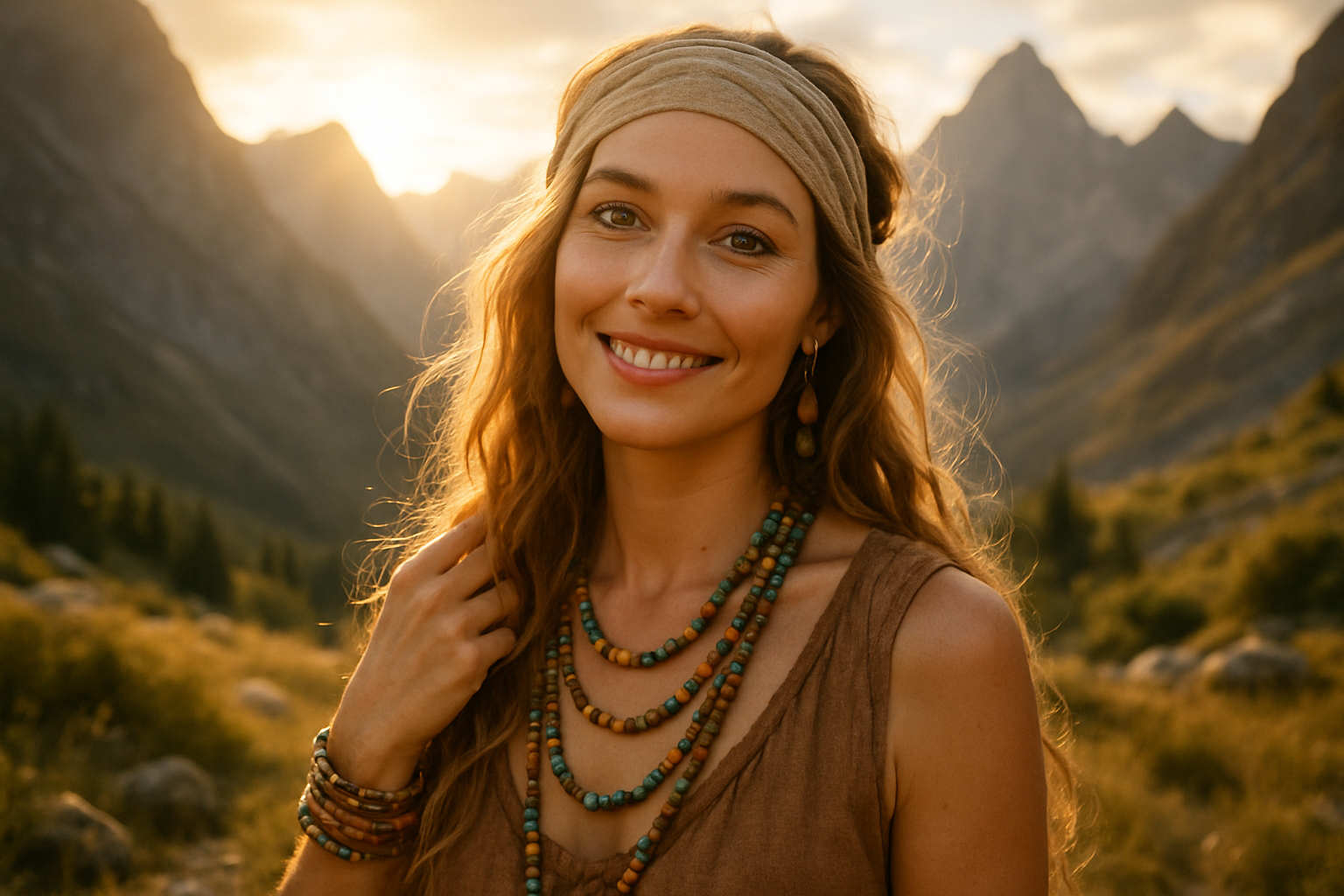 Realistic bohemian woman in mountains