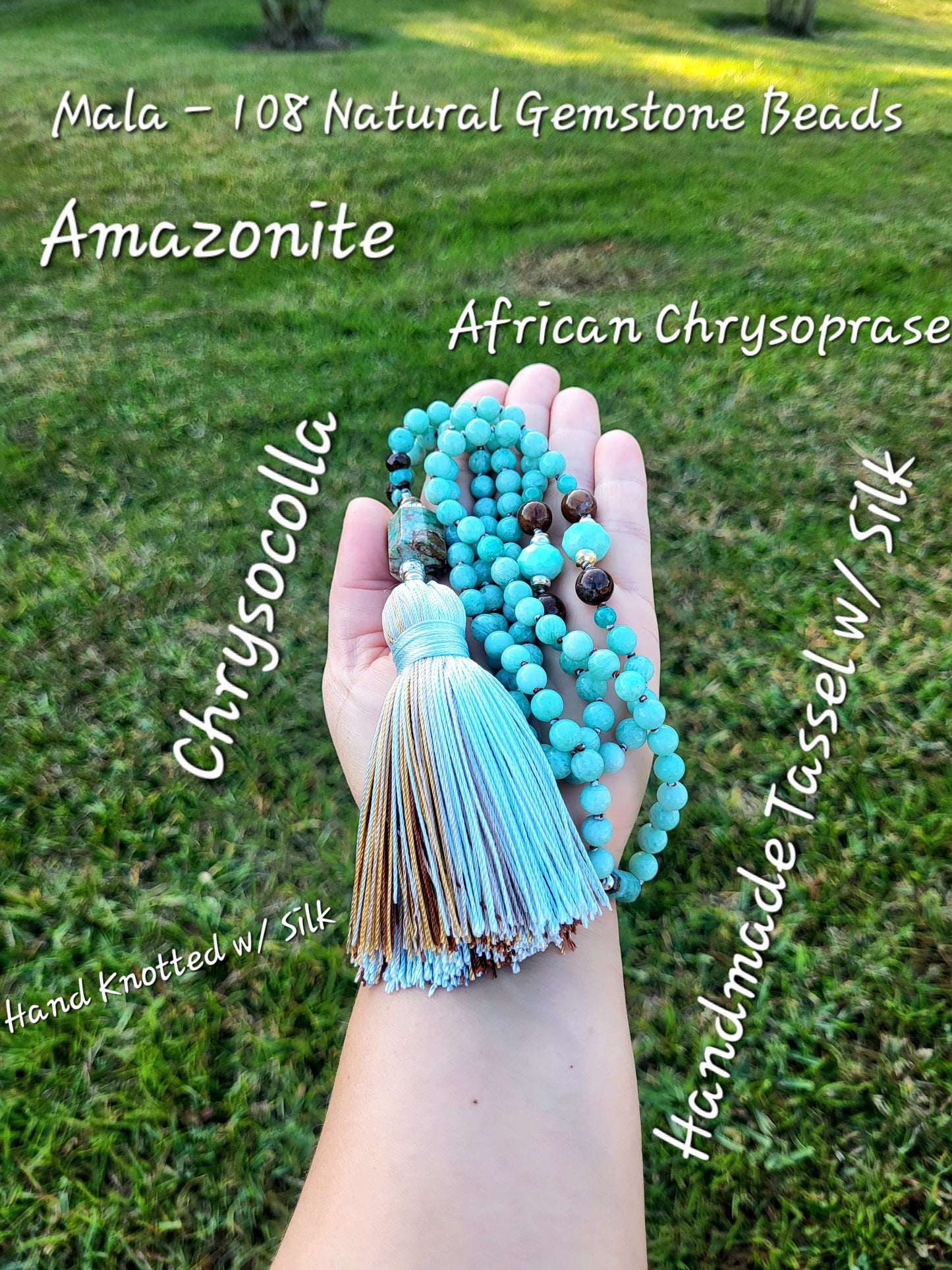 Amazonite, African Chrysoprase, Bronzite & Chrysocolla Mala -
108 Hand-Knotted Natural Gemstone Beads | Silk Thread & Tassel | Brass & Sterling Silver Accents
