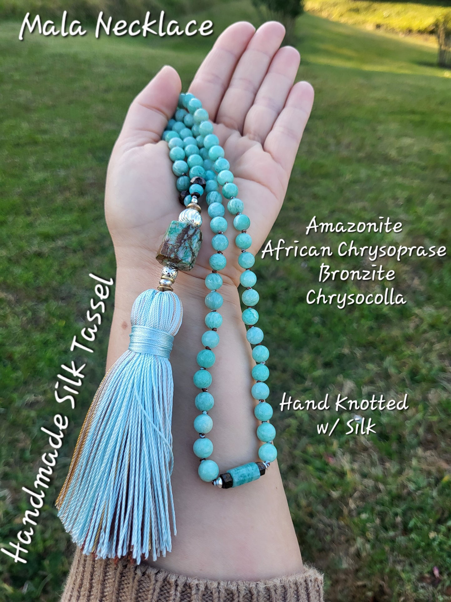 Amazonite, African Chrysoprase, Bronzite & Chrysocolla Mala -
108 Hand-Knotted Natural Gemstone Beads | Silk Thread & Tassel | Brass & Sterling Silver Accents
