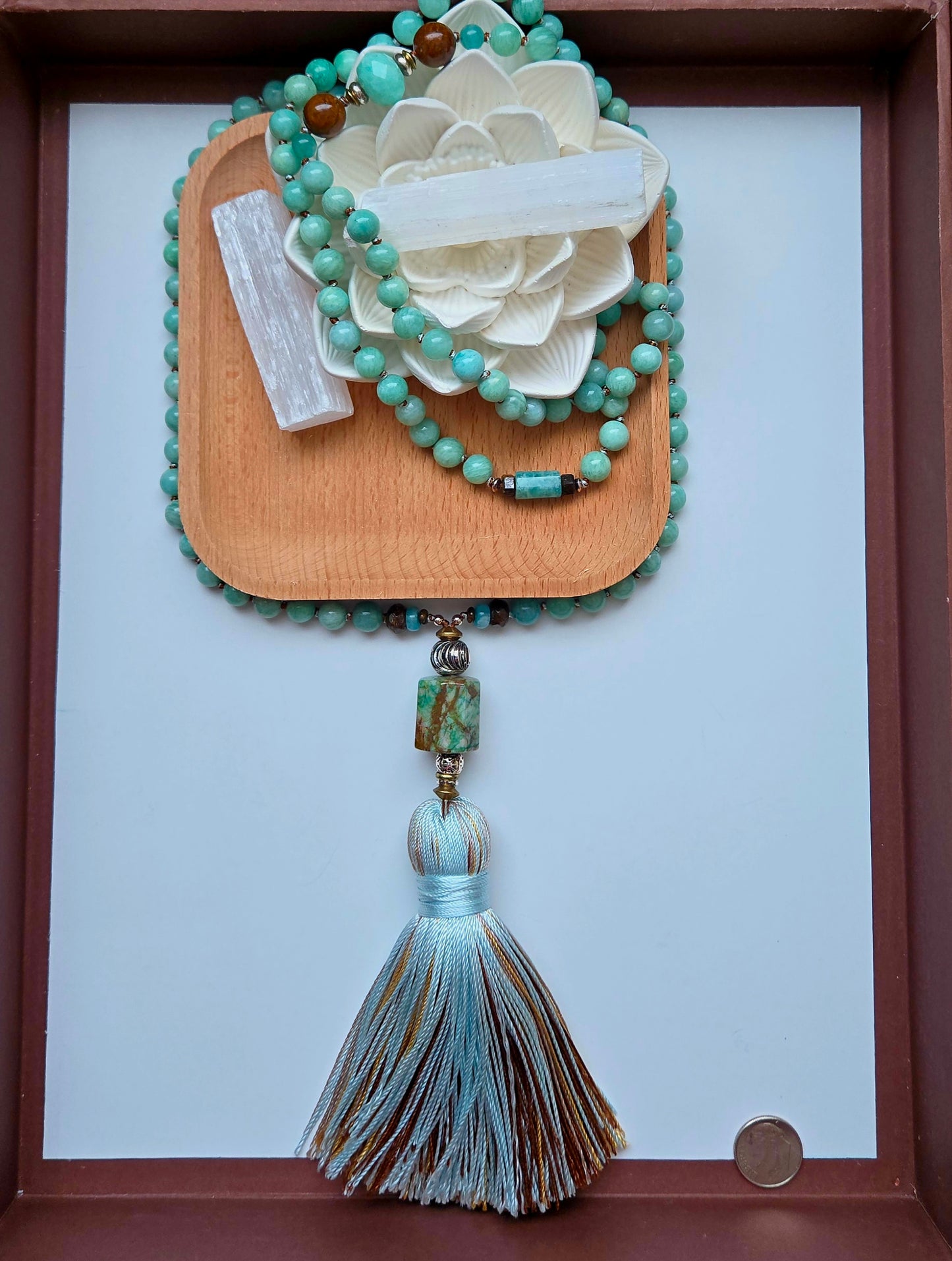Amazonite, African Chrysoprase, Bronzite & Chrysocolla Mala -
108 Hand-Knotted Natural Gemstone Beads | Silk Thread & Tassel | Brass & Sterling Silver Accents