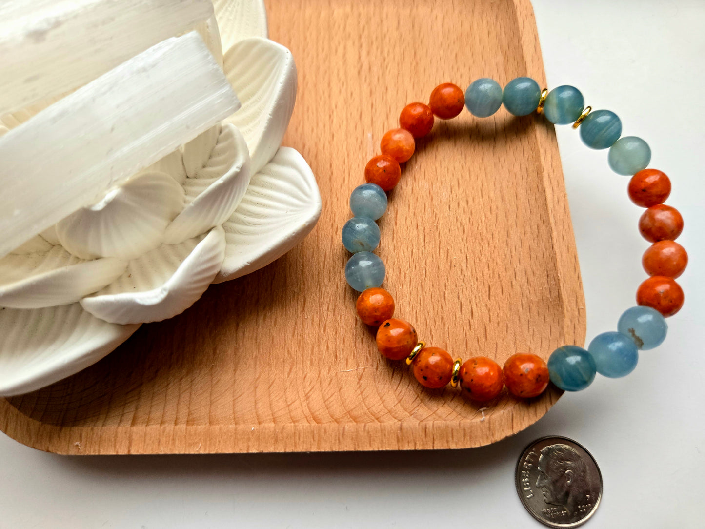 Fiery Orange Calcite & Lemurian Aquatine Calcite Bracelet