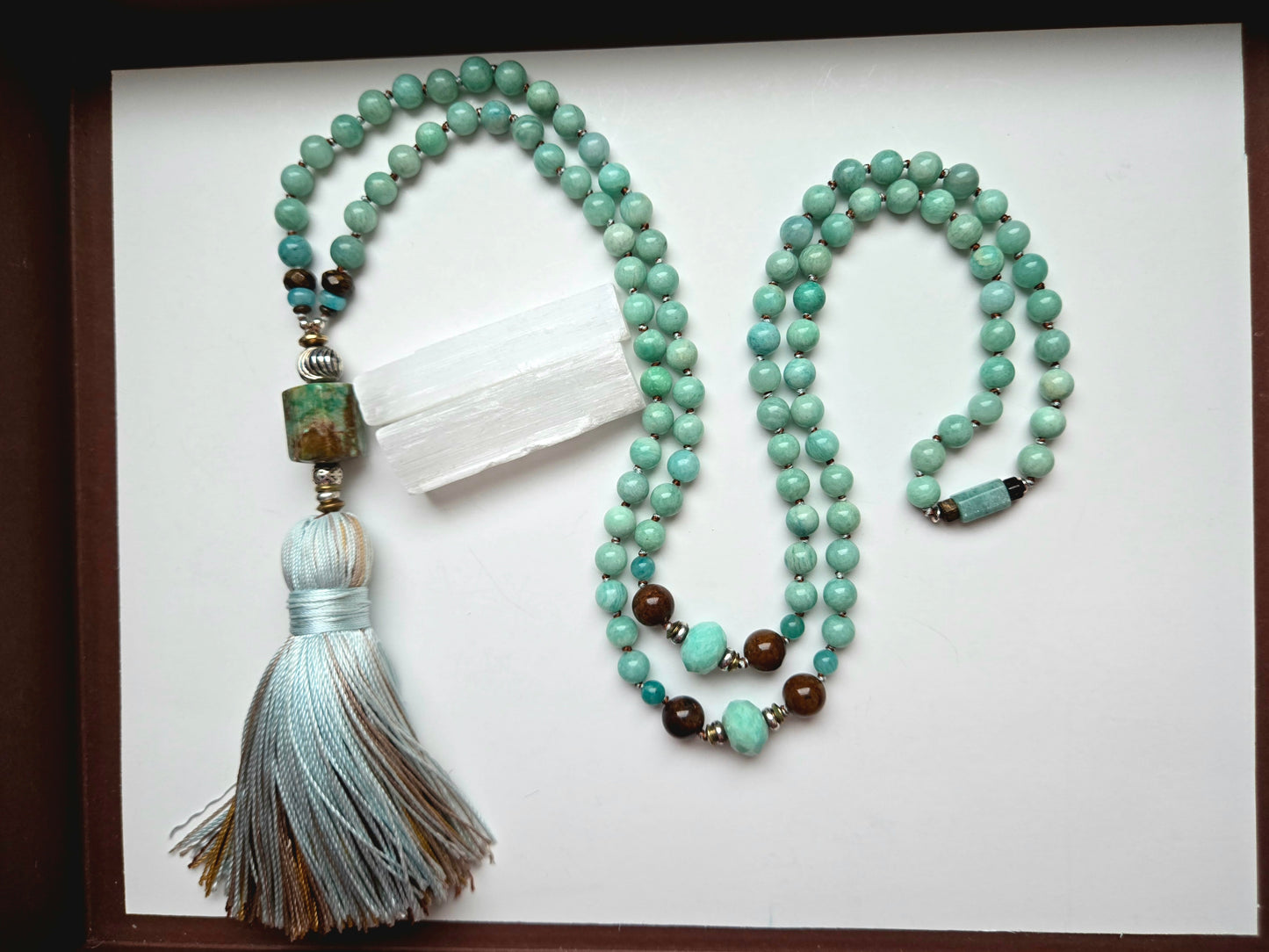 Amazonite, African Chrysoprase, Bronzite & Chrysocolla Mala -
108 Hand-Knotted Natural Gemstone Beads | Silk Thread & Tassel | Brass & Sterling Silver Accents