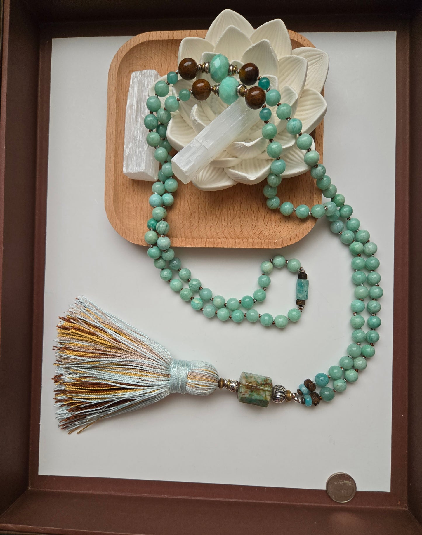 Amazonite, African Chrysoprase, Bronzite & Chrysocolla Mala -
108 Hand-Knotted Natural Gemstone Beads | Silk Thread & Tassel | Brass & Sterling Silver Accents