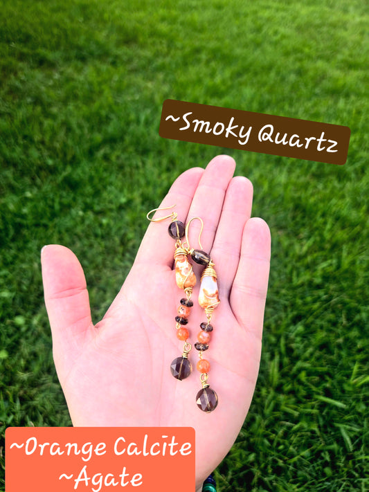 Dangle Earrings - Smoky Quartz, Orange Calcite, Dzi Agate