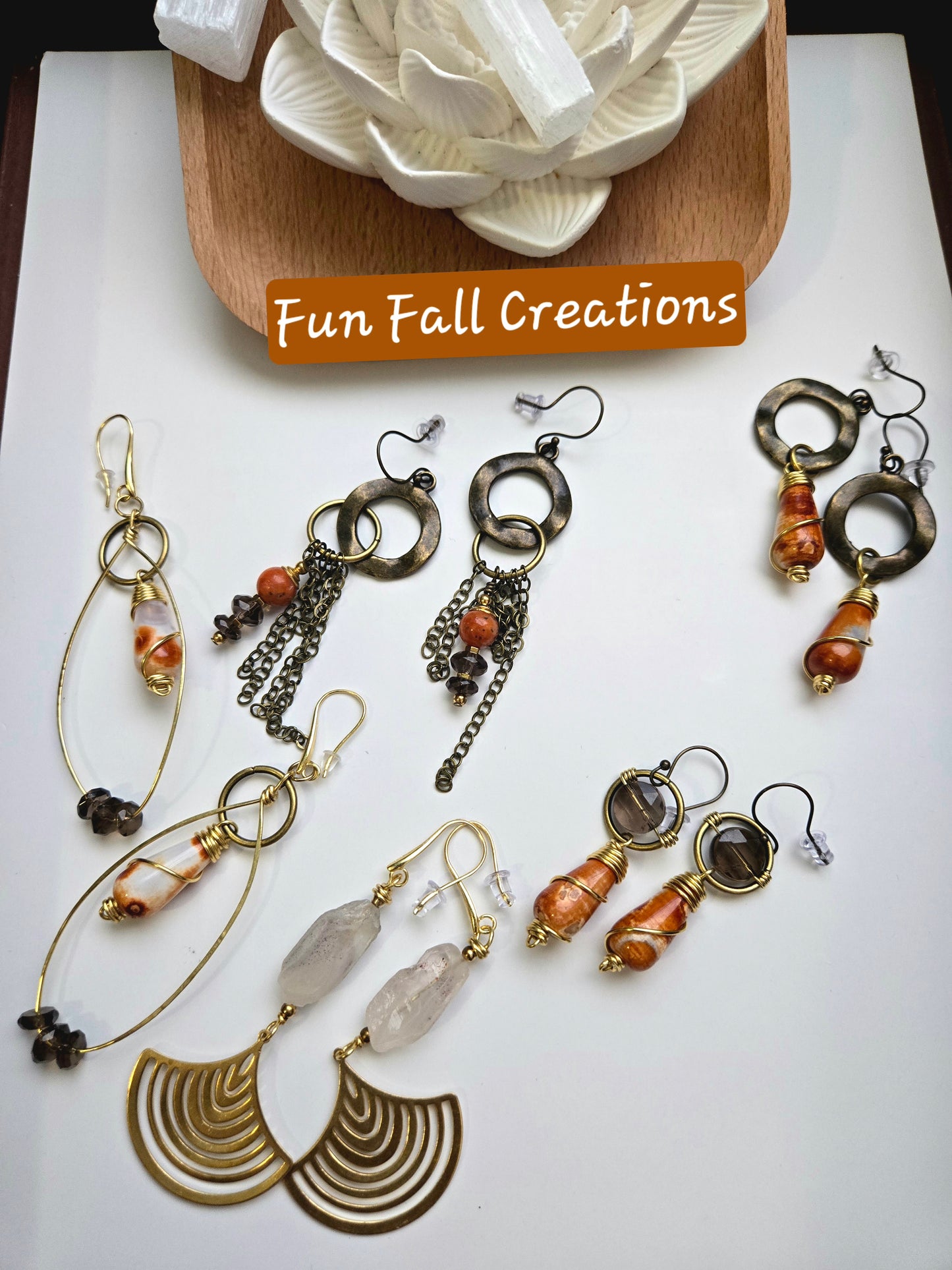 Dangle Earrings - Smoky Quartz, Orange Calcite, Dzi Agate