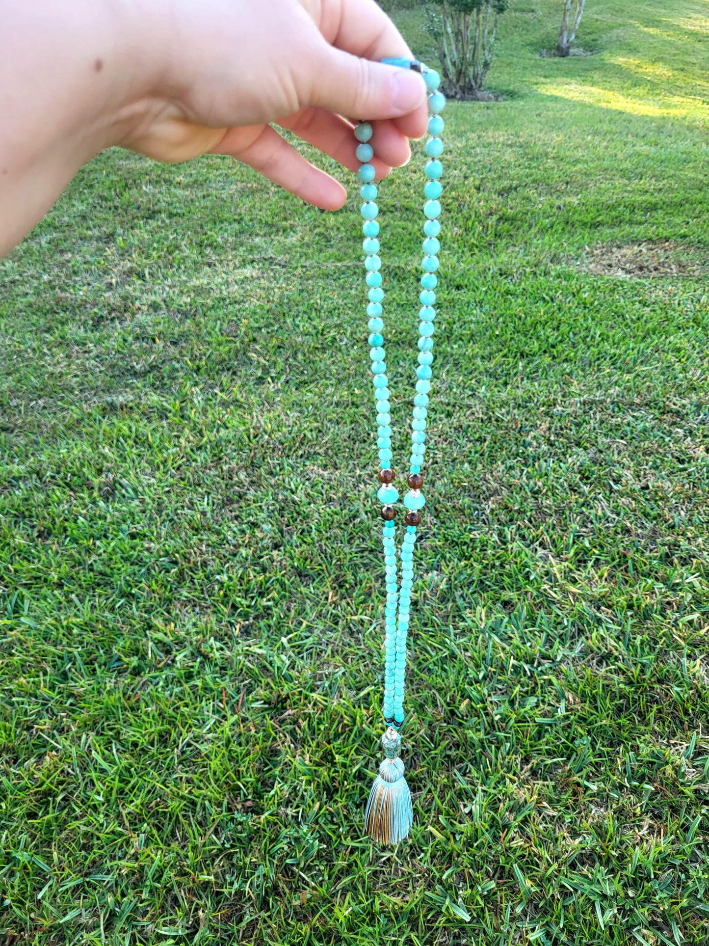 Amazonite, African Chrysoprase, Bronzite & Chrysocolla Mala -
108 Hand-Knotted Natural Gemstone Beads | Silk Thread & Tassel | Brass & Sterling Silver Accents