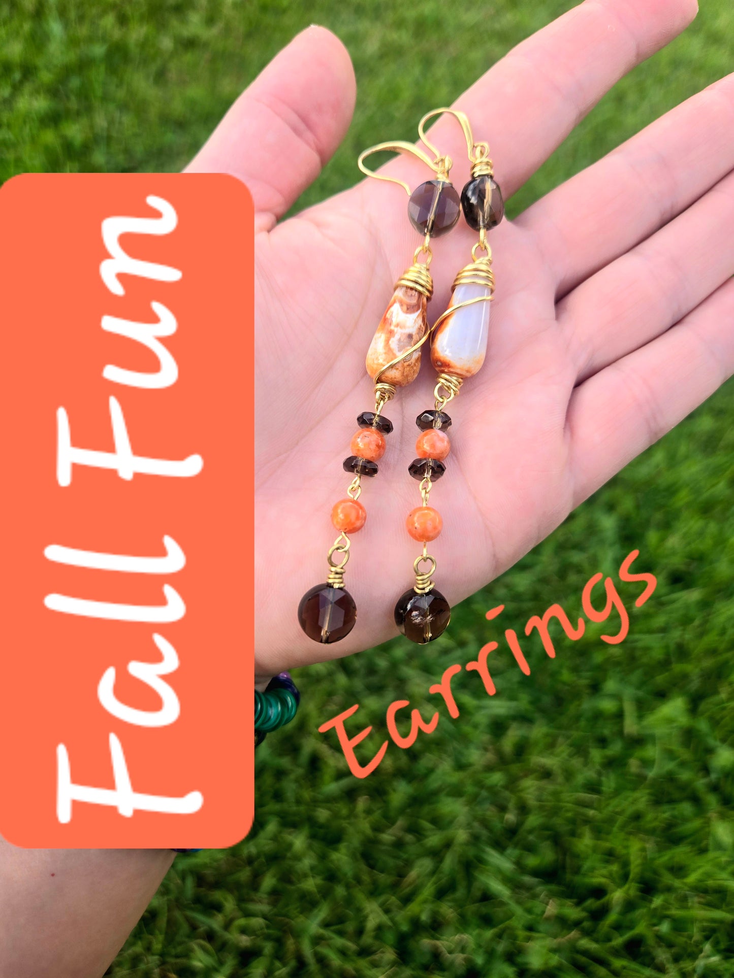Dangle Earrings - Smoky Quartz, Orange Calcite, Dzi Agate