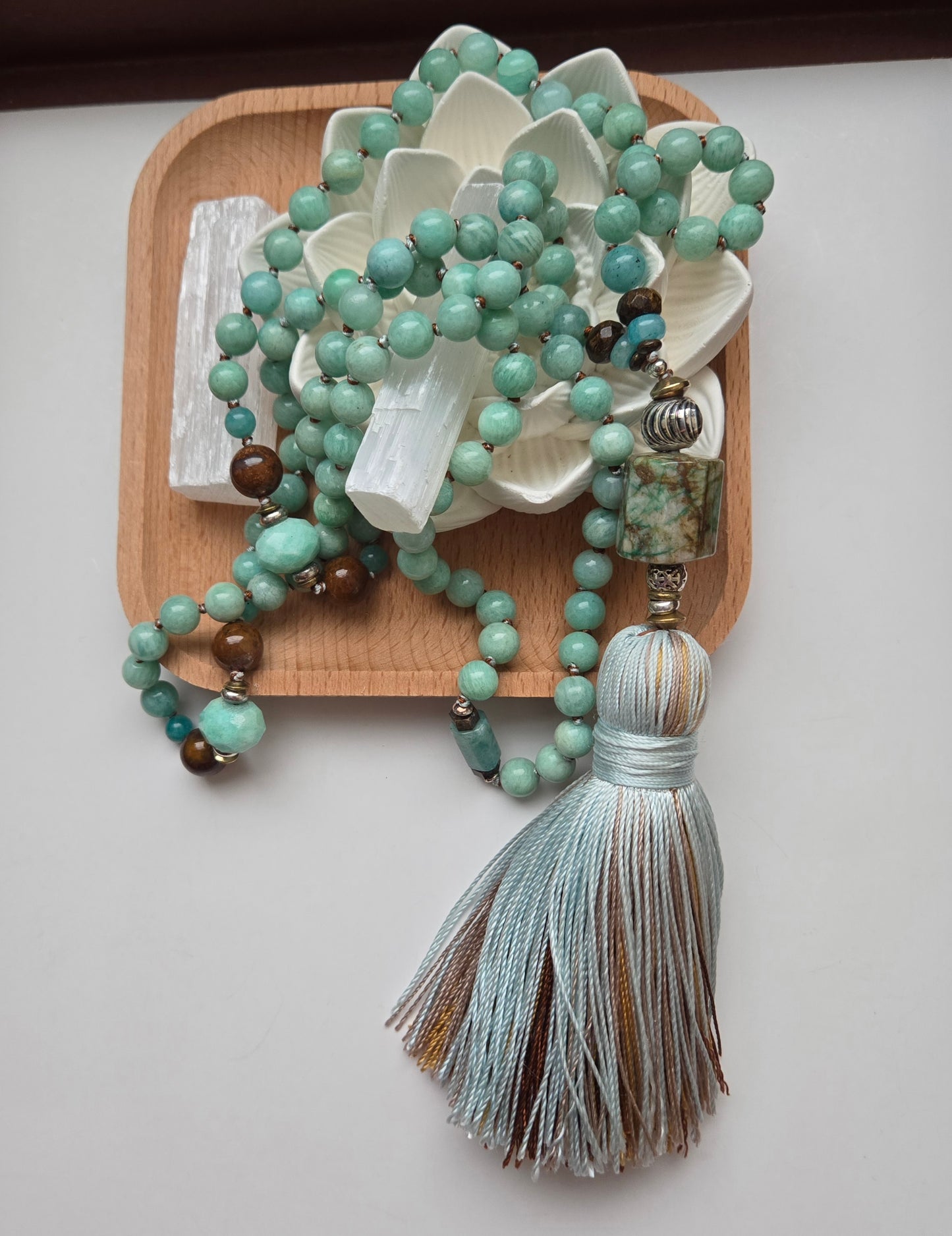 Amazonite, African Chrysoprase, Bronzite & Chrysocolla Mala -
108 Hand-Knotted Natural Gemstone Beads | Silk Thread & Tassel | Brass & Sterling Silver Accents