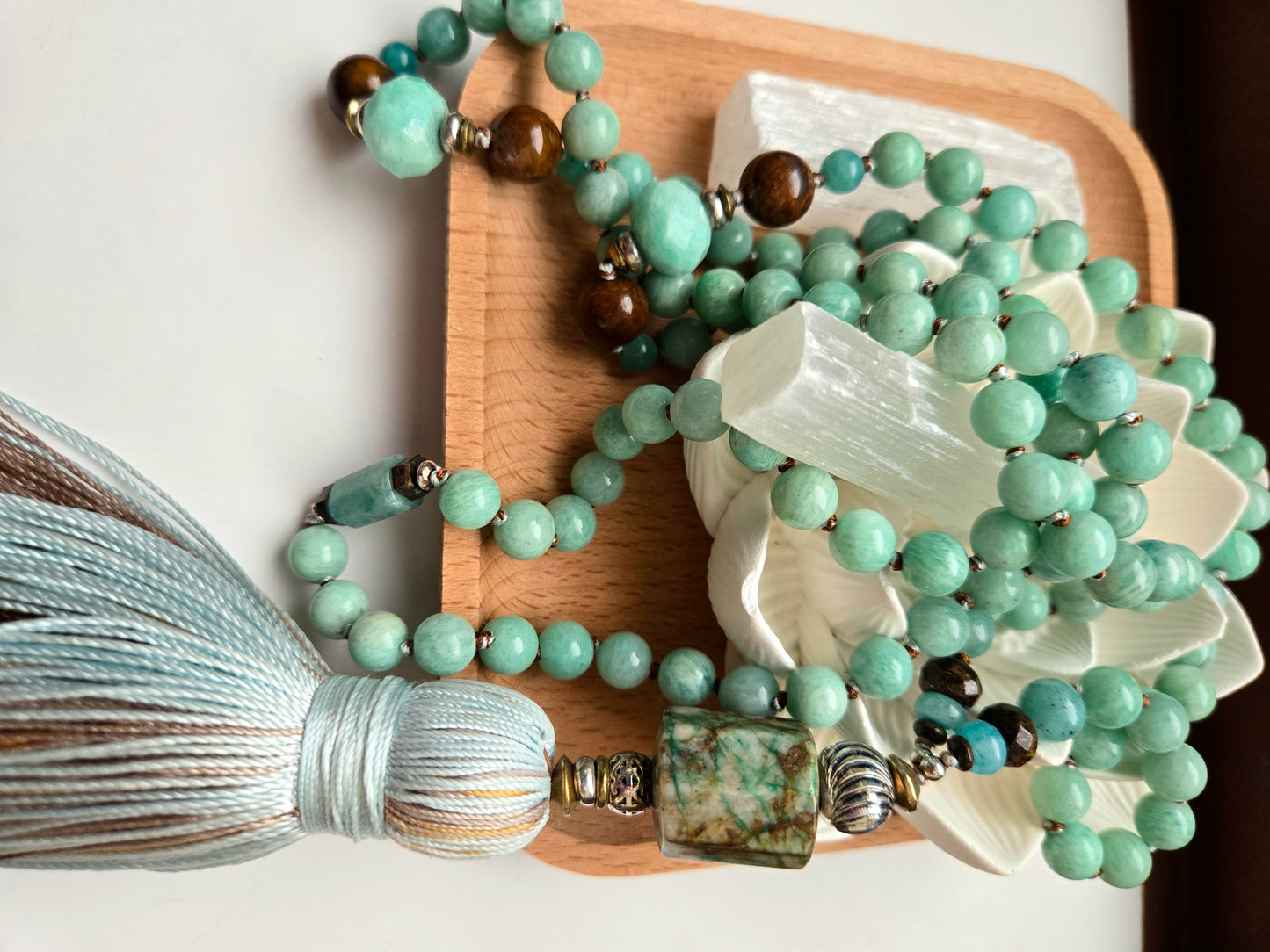 Amazonite, African Chrysoprase, Bronzite & Chrysocolla Mala -
108 Hand-Knotted Natural Gemstone Beads | Silk Thread & Tassel | Brass & Sterling Silver Accents