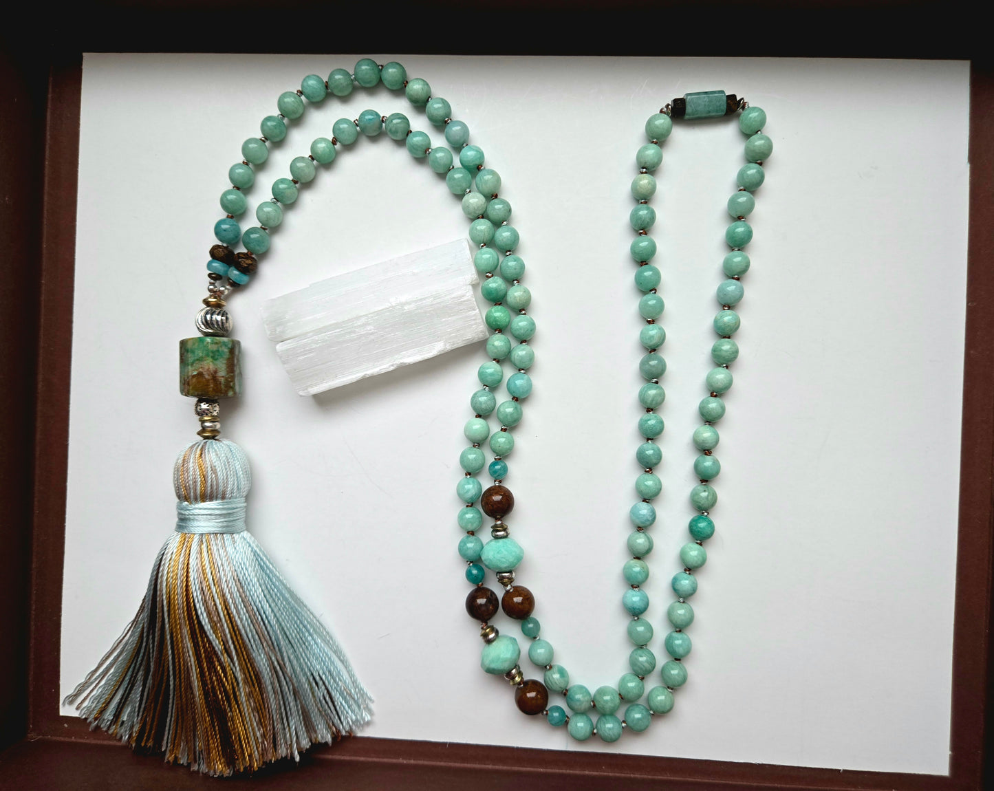 Amazonite, African Chrysoprase, Bronzite & Chrysocolla Mala -
108 Hand-Knotted Natural Gemstone Beads | Silk Thread & Tassel | Brass & Sterling Silver Accents