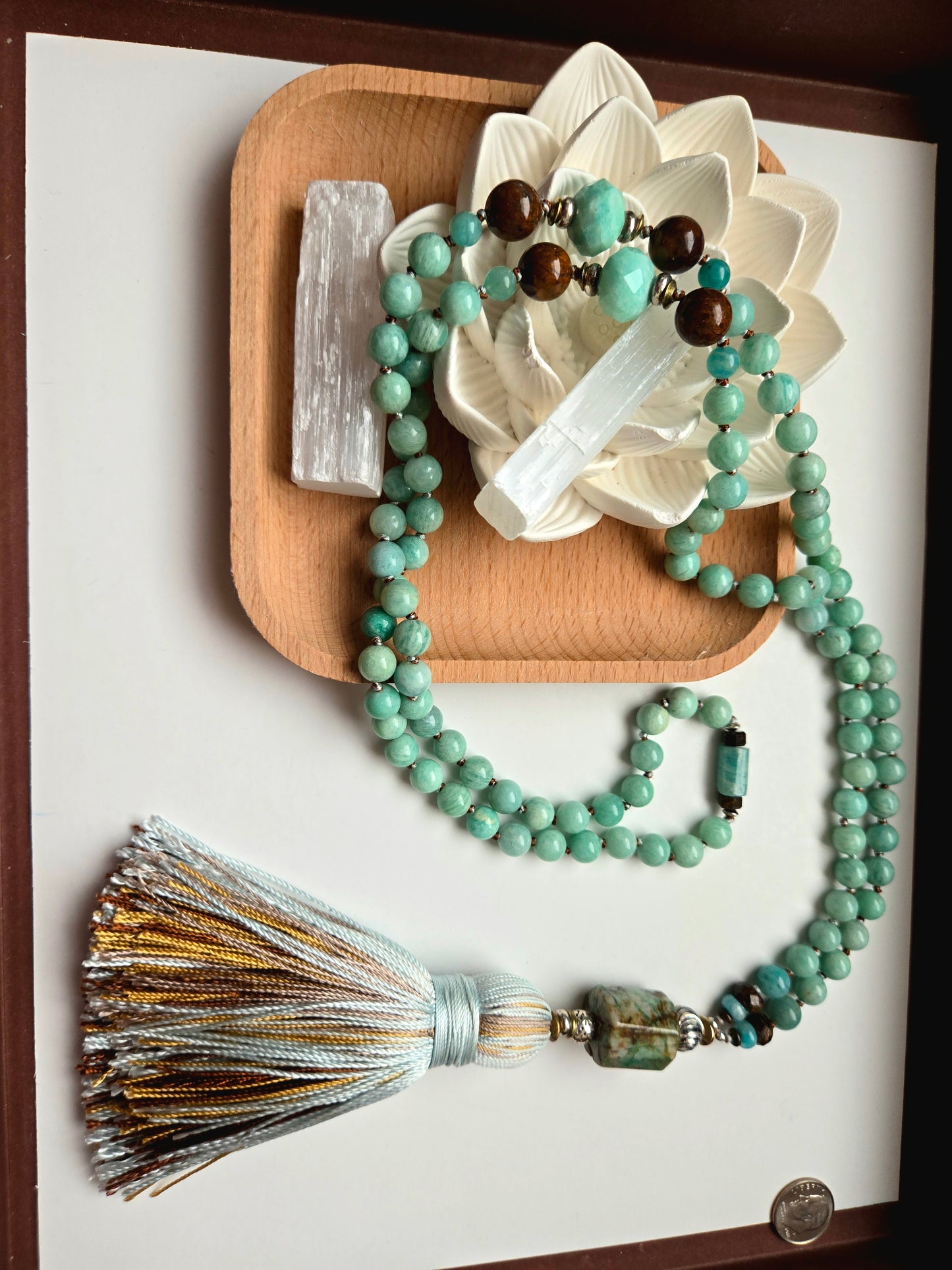 Amazonite, African Chrysoprase, Bronzite & Chrysocolla Mala -
108 Hand-Knotted Natural Gemstone Beads | Silk Thread & Tassel | Brass & Sterling Silver Accents