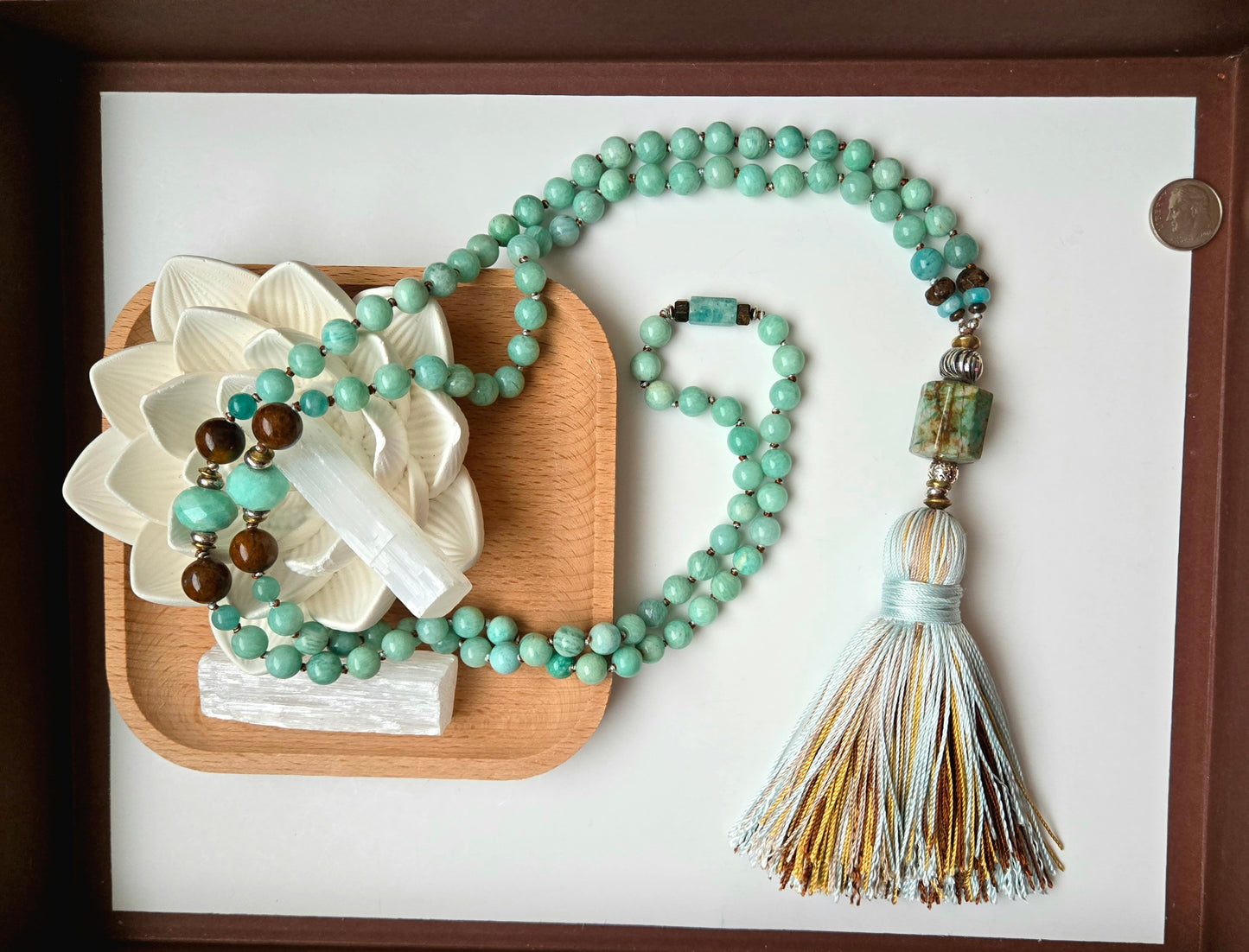 Amazonite, African Chrysoprase, Bronzite & Chrysocolla Mala -
108 Hand-Knotted Natural Gemstone Beads | Silk Thread & Tassel | Brass & Sterling Silver Accents