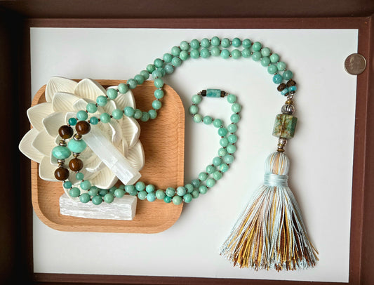 Amazonite, African Chrysoprase, Bronzite & Chrysocolla Mala -
108 Hand-Knotted Natural Gemstone Beads | Silk Thread & Tassel | Brass & Sterling Silver Accents